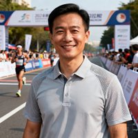 一位三十多岁的男性赛事运营总监，穿着运动POLO衫，背景是马拉松赛道